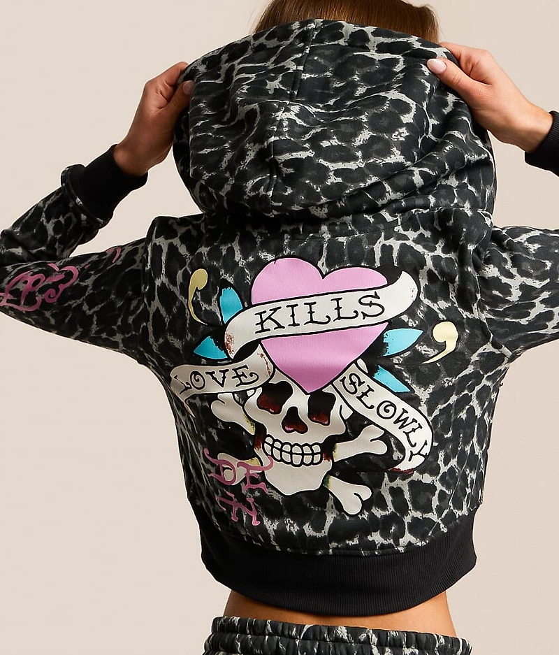 Pink Skull Cropped Hoodie