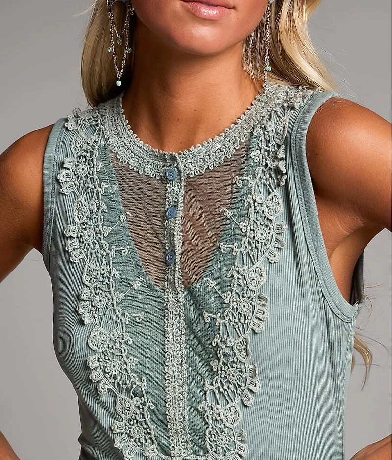 Mesh Inset Henley Tank Top