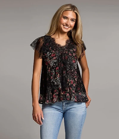 Floral Eyelash Lace Trim Top