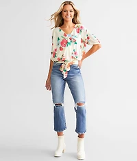 Floral Mesh Surplice Top