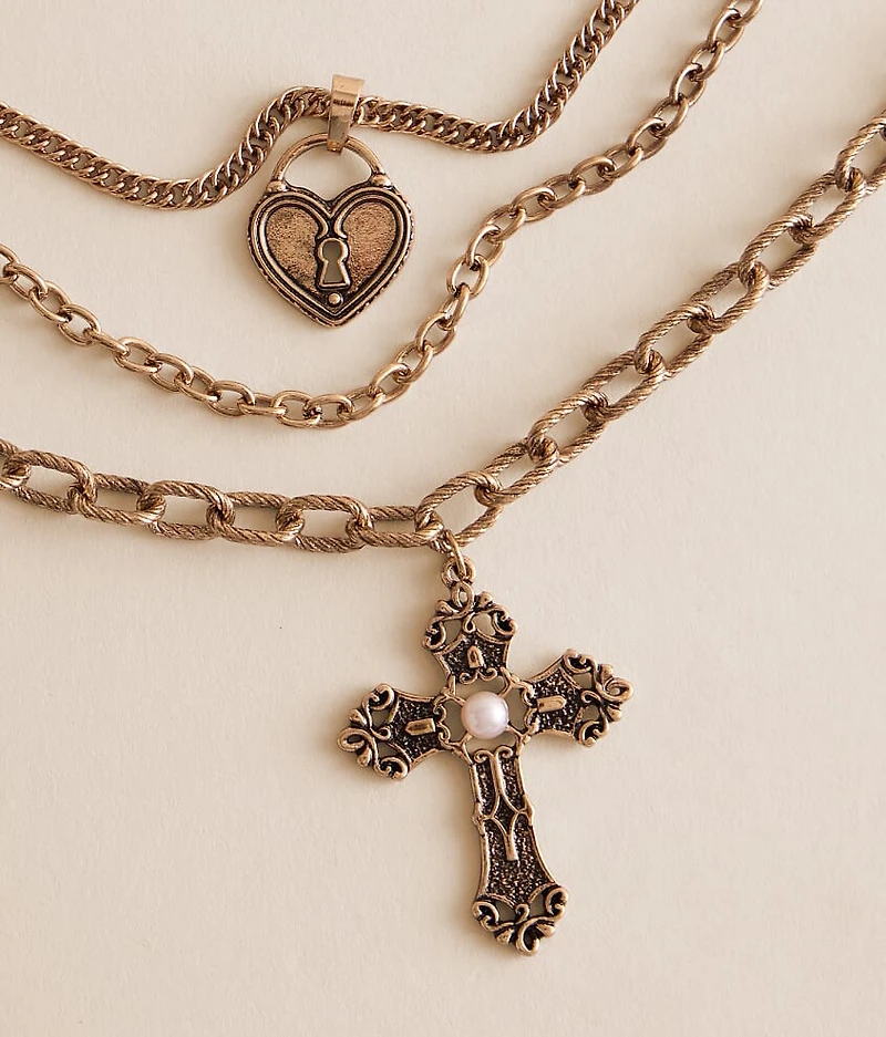3 Pack Cross & Heart Locket Necklace Set
