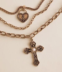 3 Pack Cross & Heart Locket Necklace Set