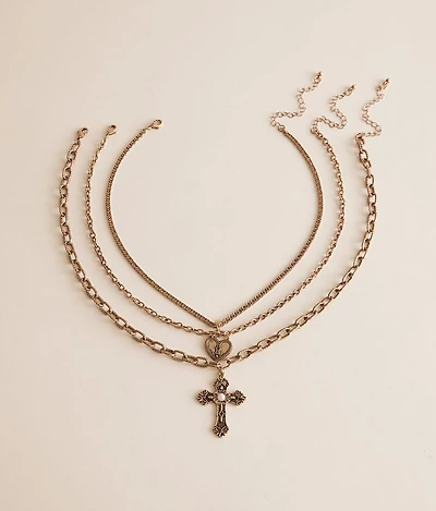 3 Pack Cross & Heart Locket Necklace Set