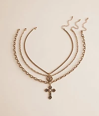 3 Pack Cross & Heart Locket Necklace Set