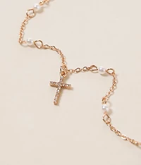 Faux Pearl Beaded Cross Necklace