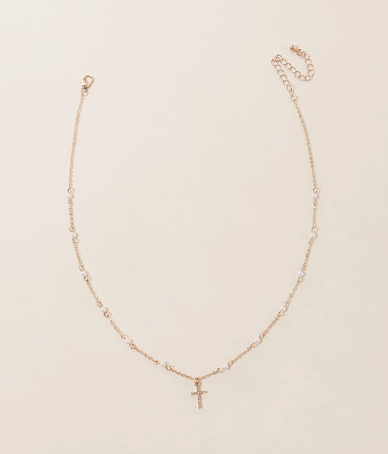 Faux Pearl Beaded Cross Necklace