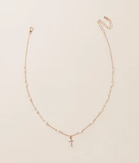 Faux Pearl Beaded Cross Necklace