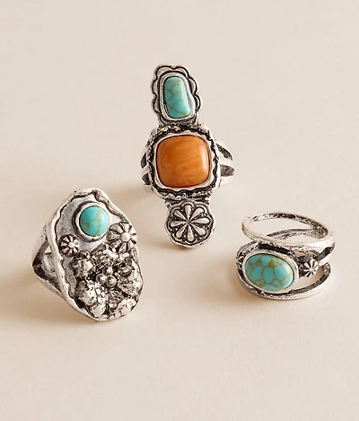 3 Pack Western Stone Ring Set