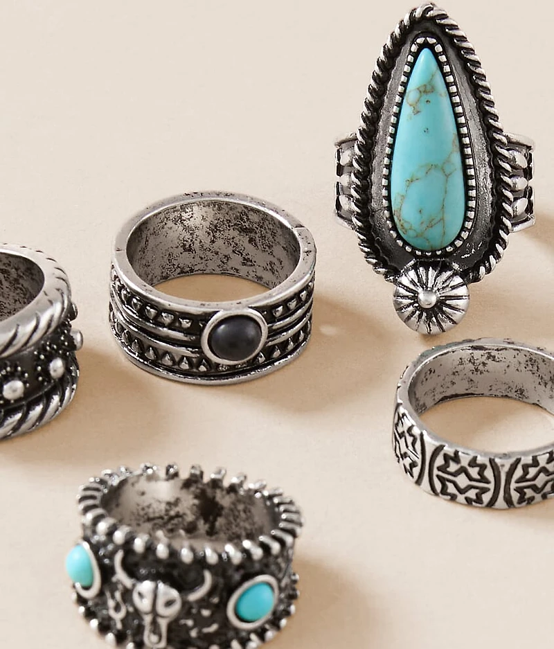 5 Pack Western Turquoise Ring Set