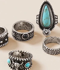 5 Pack Western Turquoise Ring Set