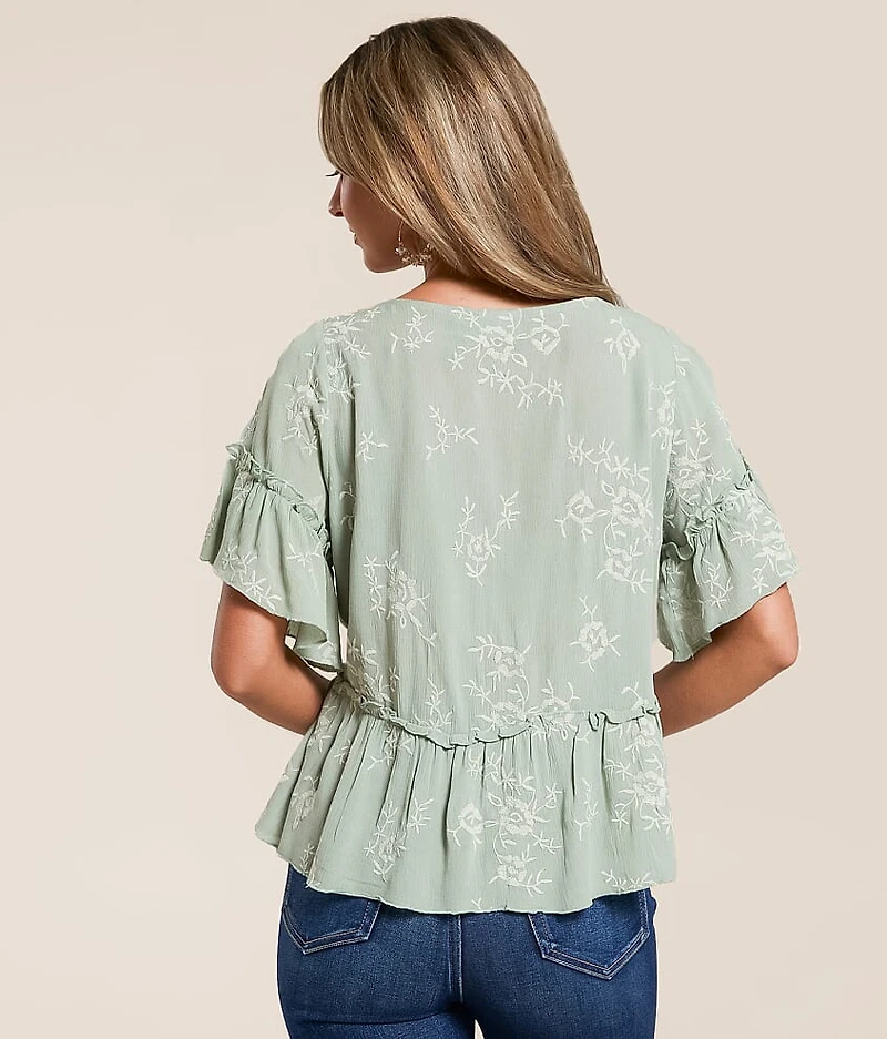 Embroidered Floral Flutter Sleeve Top