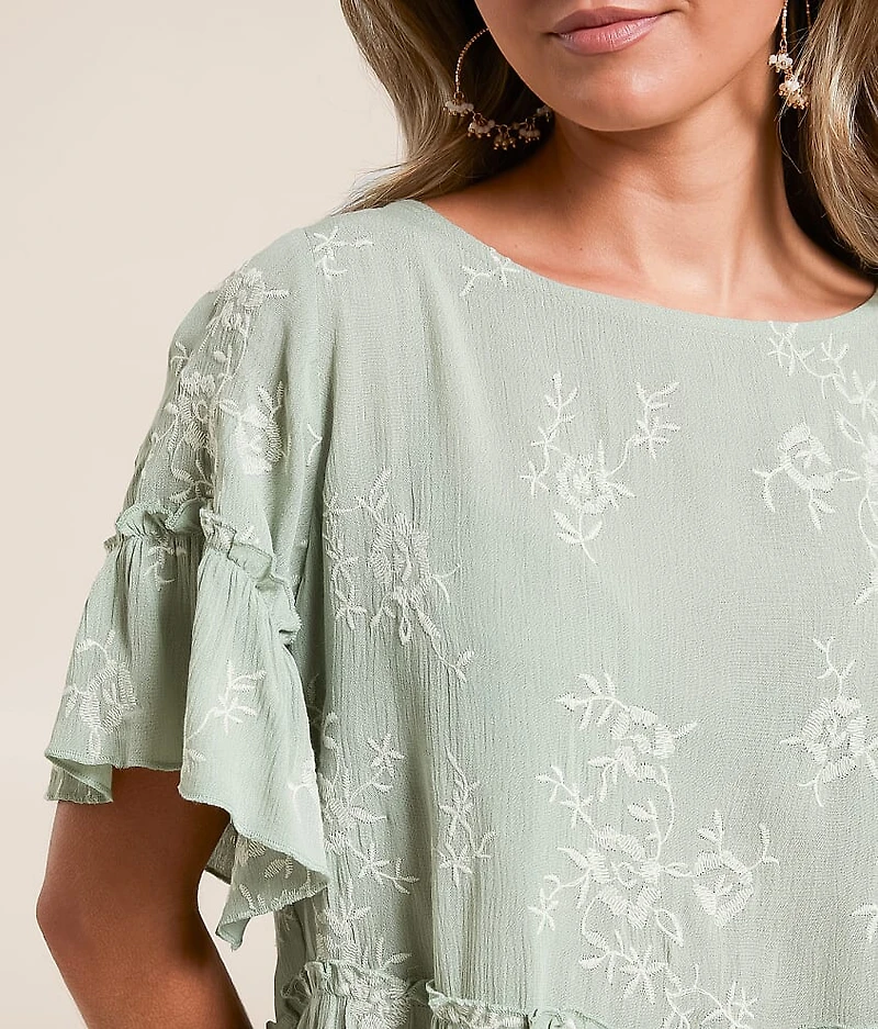 Embroidered Floral Flutter Sleeve Top