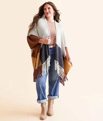 Color Block Fringe Cardigan Sweater - One size