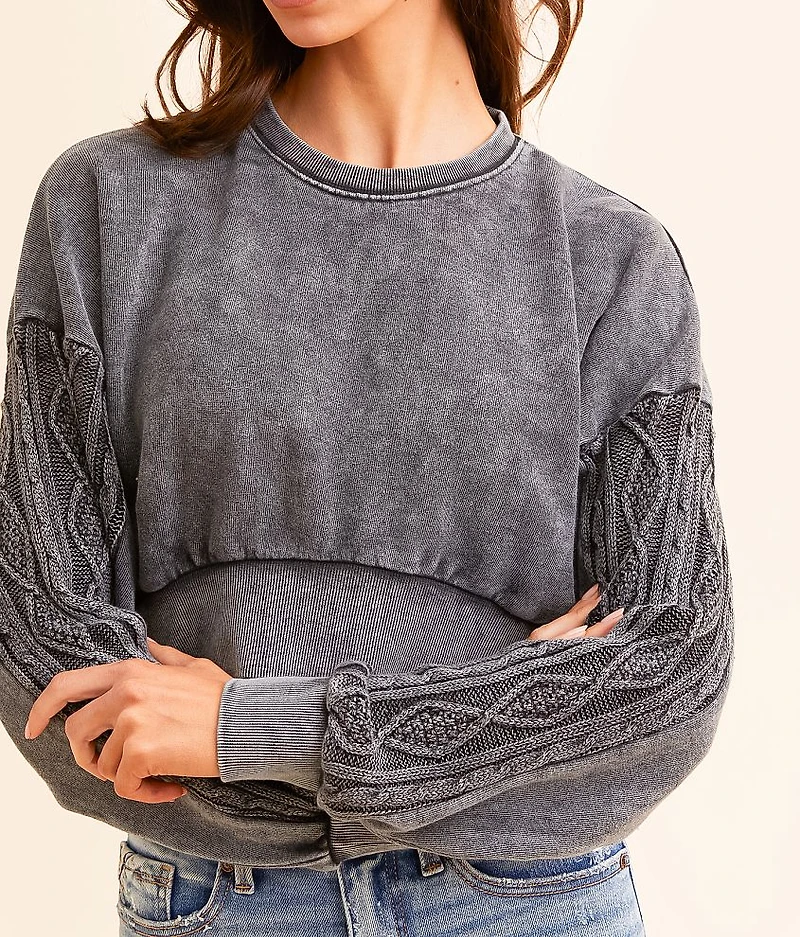 Pieced Cable Knit Cropped Pullover