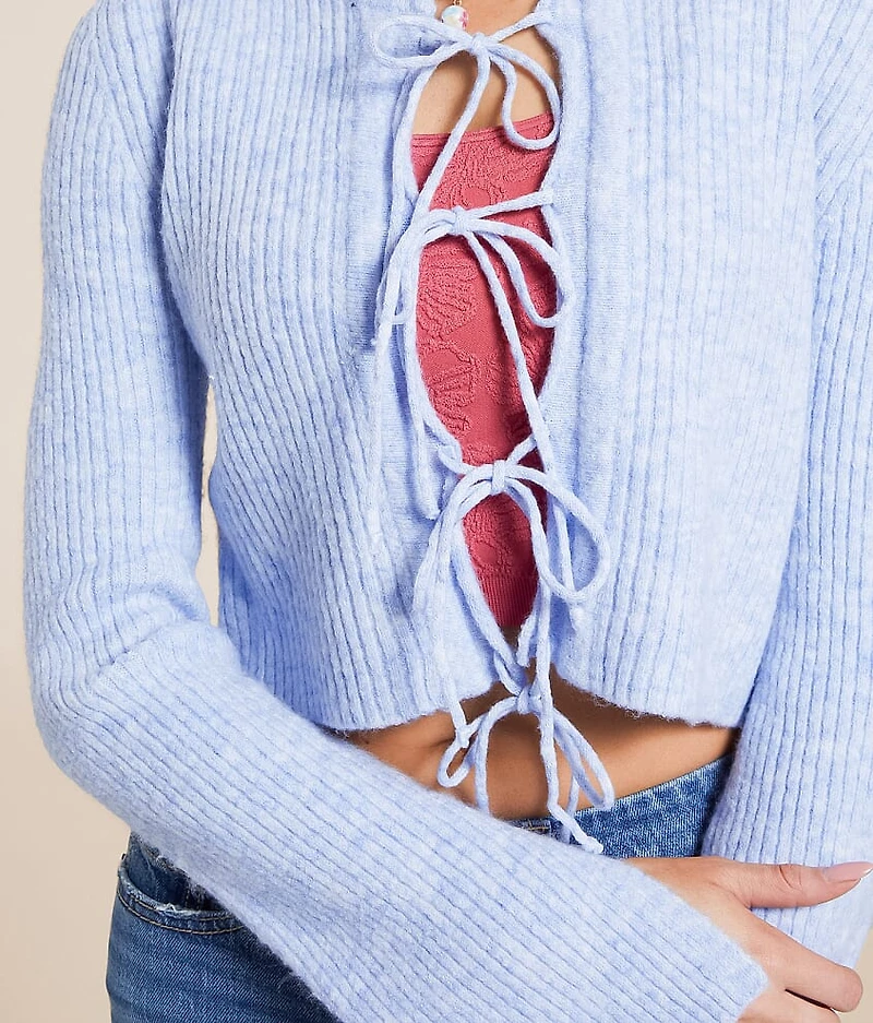 Front Tie Heathered Cardigan Sweater