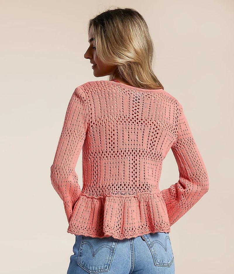 Pointelle Peplum Cardigan Sweater