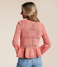 Pointelle Peplum Cardigan Sweater