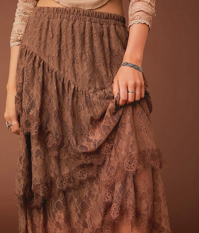 Tiered Eyelash Lace Midi Skirt