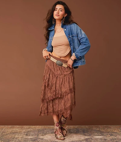 Tiered Eyelash Lace Midi Skirt