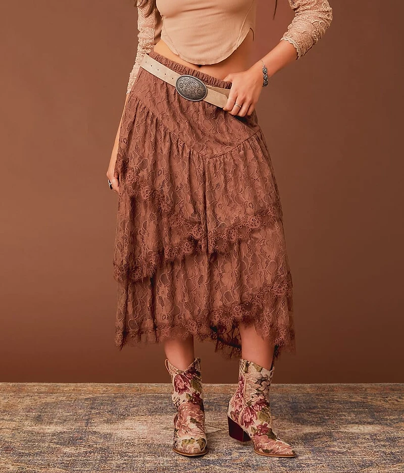 Tiered Eyelash Lace Midi Skirt