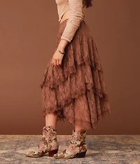 Tiered Eyelash Lace Midi Skirt