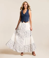 Pieced Floral Eyelet Maxi Skirt