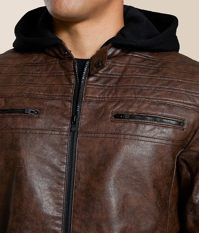 Faux Leather Hooded Jacket