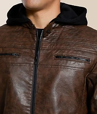 Faux Leather Hooded Jacket