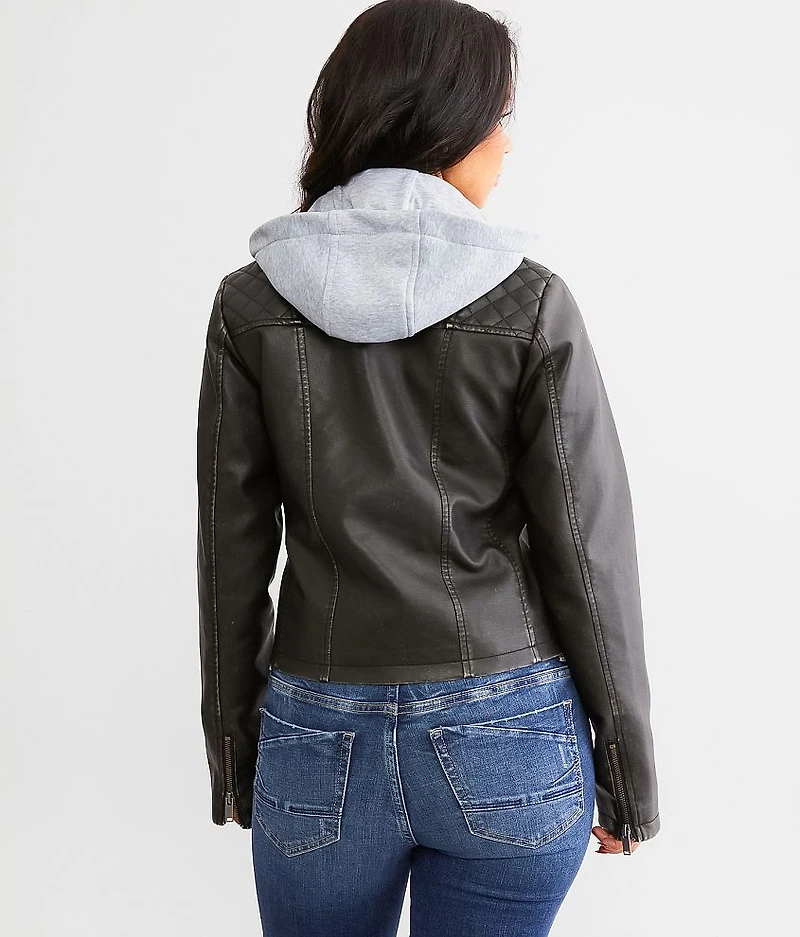 Faux Leather Hooded Jacket