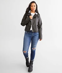 Faux Leather Hooded Jacket