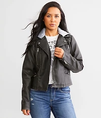 Faux Leather Hooded Jacket
