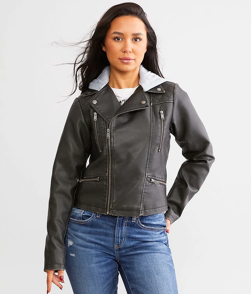 Faux Leather Hooded Jacket
