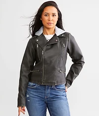 Faux Leather Hooded Jacket
