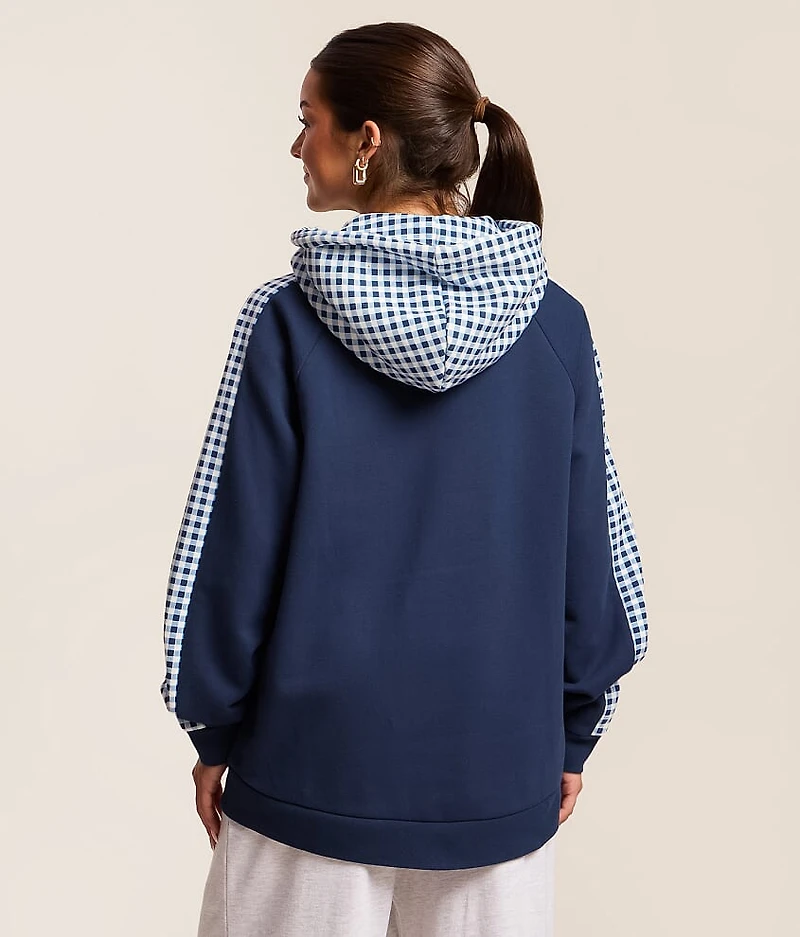 Pieced Gingham Hooded Sweatshirt