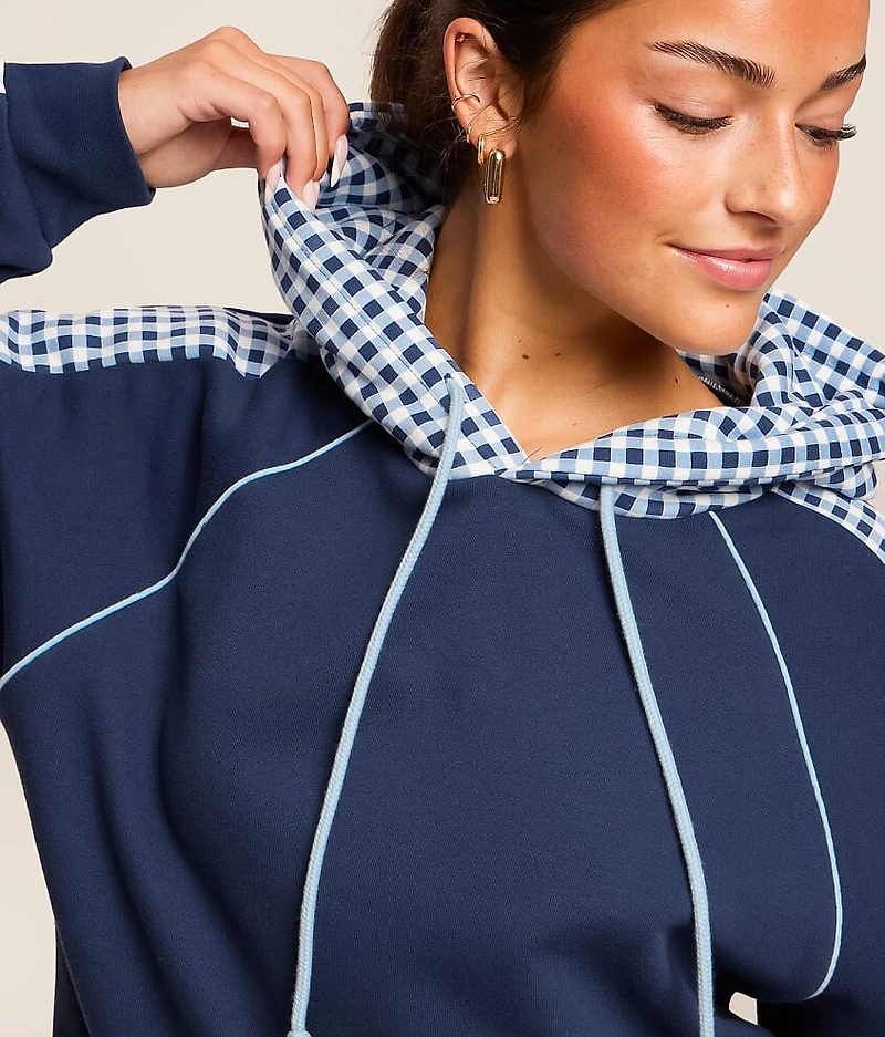 Pieced Gingham Hooded Sweatshirt