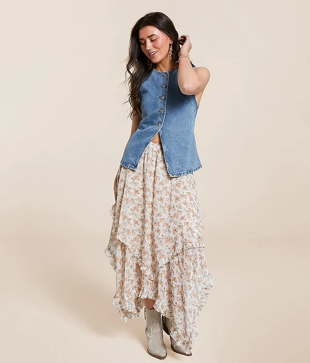 denim vest floral dress Girls 7-16 Rare Editions 2-Piece Floral Ruffle Tiered Dress & Denim Vest Set, Girl's, Blue