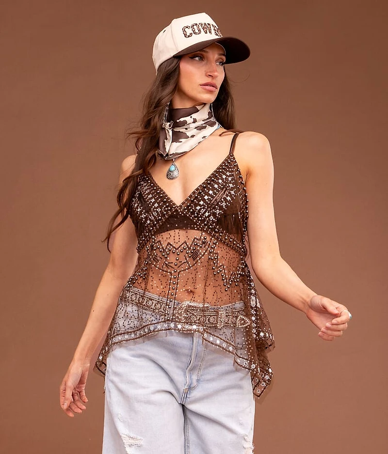 Embroidered Sequin Mesh Tank Top