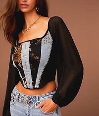 Pieced Denim Corset Cropped Top
