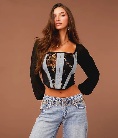 Pieced Denim Corset Cropped Top