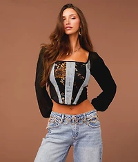 Pieced Denim Corset Cropped Top