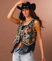 Metallic Floral Jacquard Fringe Vest