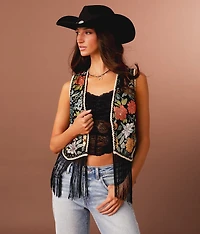 Metallic Floral Jacquard Fringe Vest