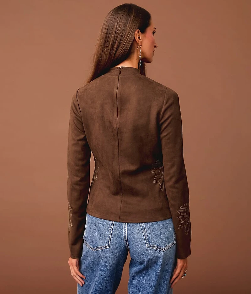 Embroidered Faux Suede Top