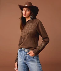 Embroidered Faux Suede Top