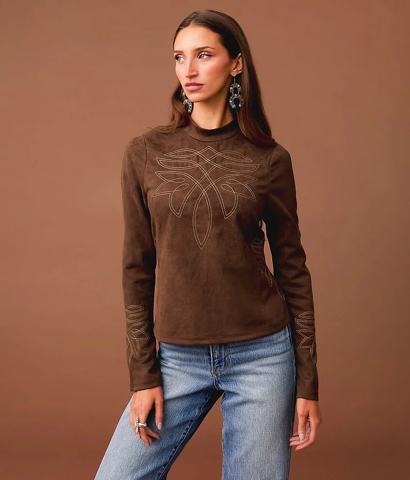 Embroidered Faux Suede Top