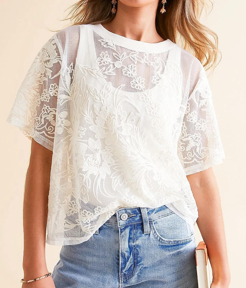 Embroidered Floral Mesh Top