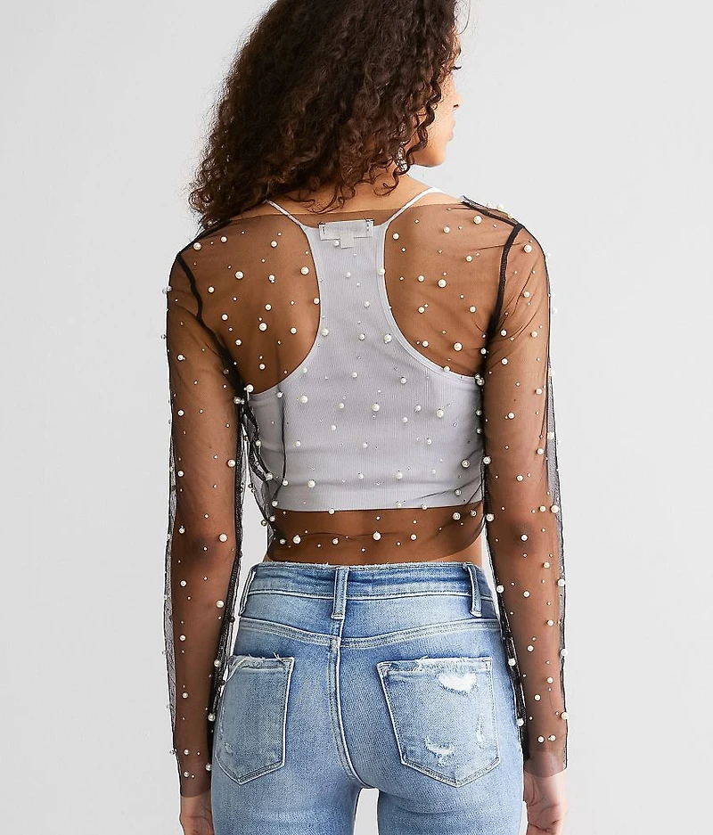 Faux Pearl & Rhinestone Mesh Cropped Top