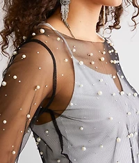 Faux Pearl & Rhinestone Mesh Cropped Top