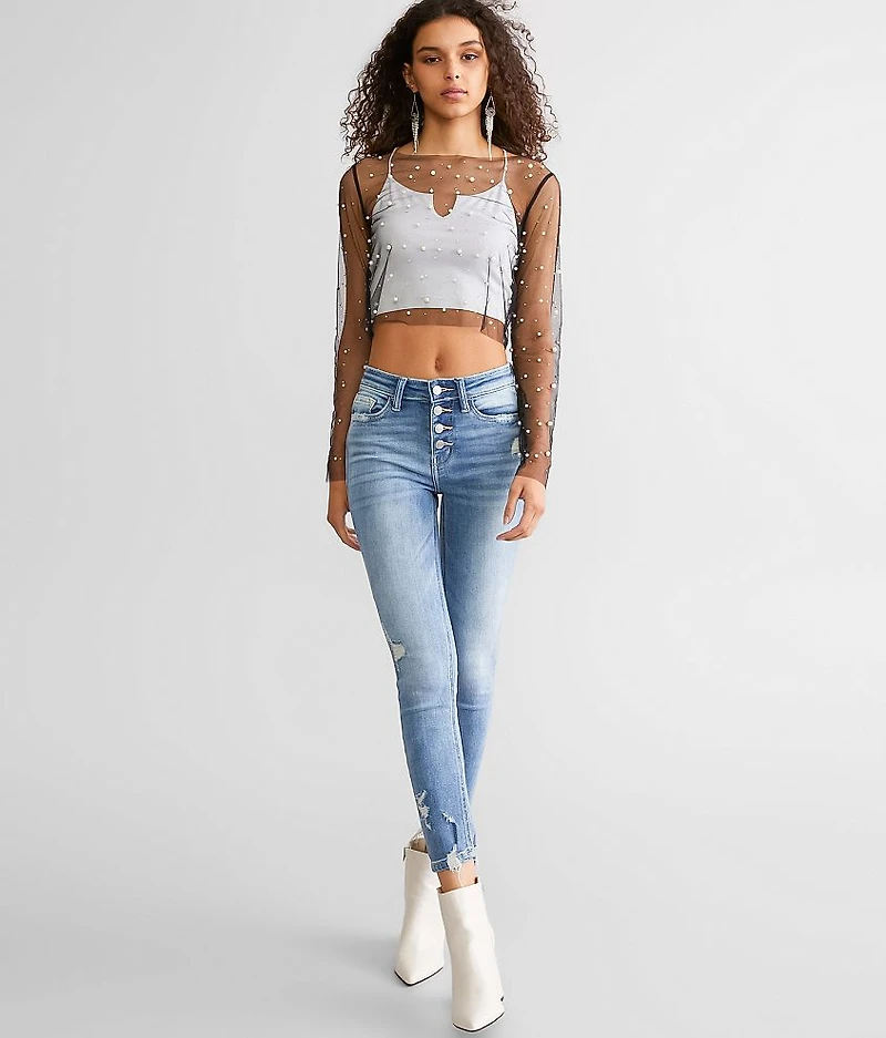 Faux Pearl & Rhinestone Mesh Cropped Top