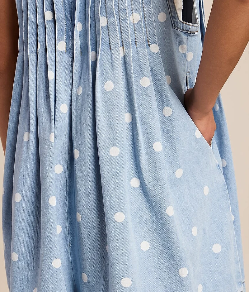 Polka Dot Front Tie Denim Romper
